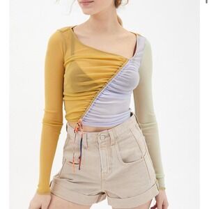 Urban Outfitters Shona Mesh Cinched Crop Top S Colorblock Tie Rave Club Festival